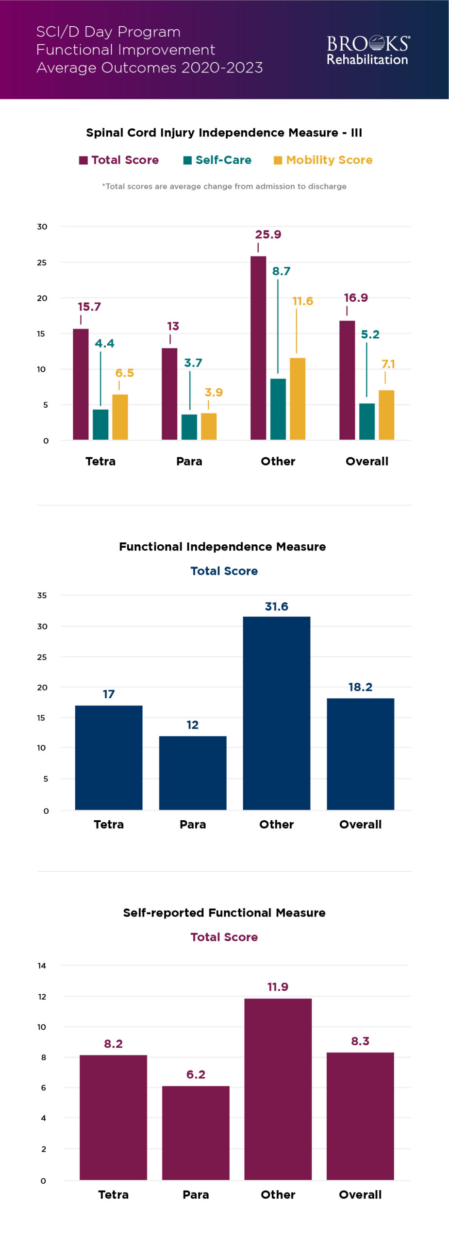 Functional improvement scores for patients in the SCI Day Program at Brooks visualized in bar graphs.