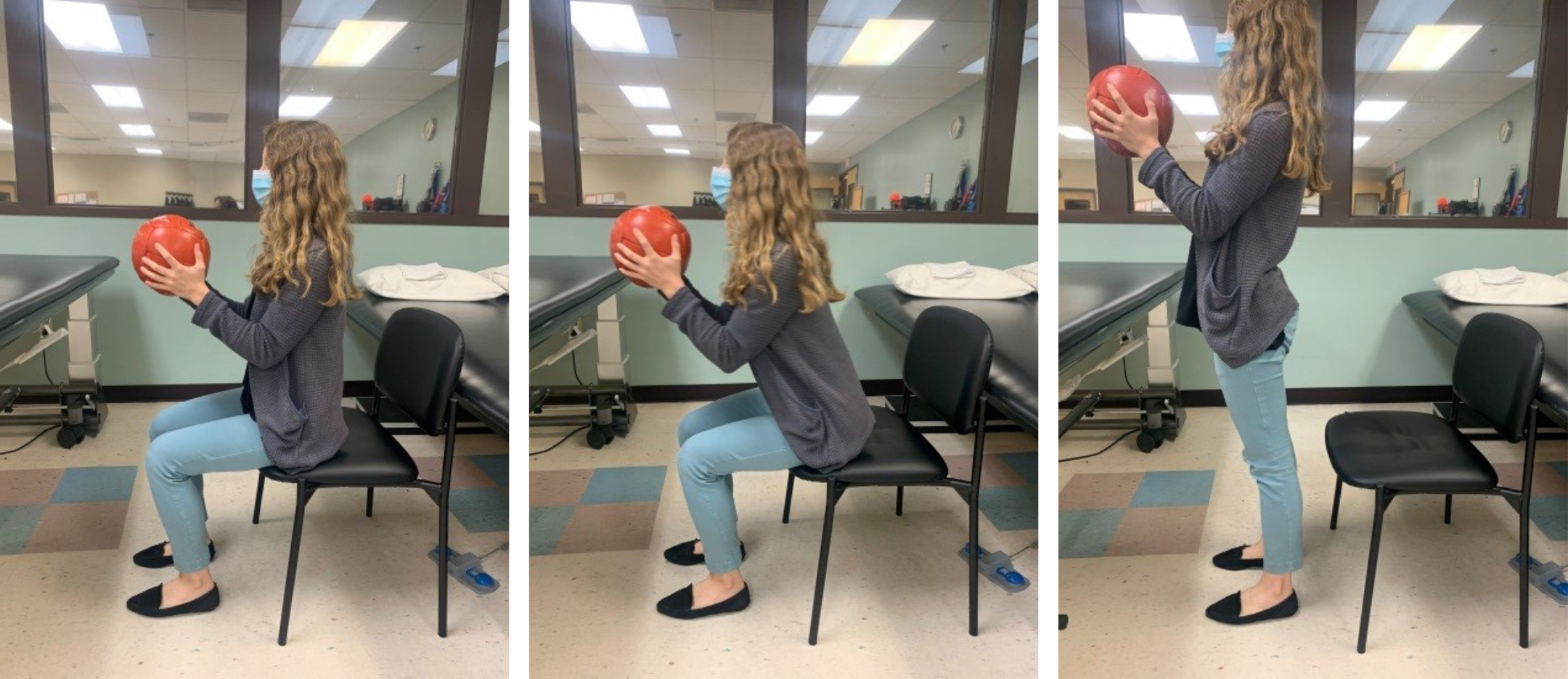 Sit to stands holding weighted ball