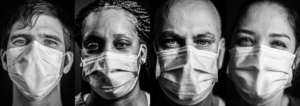 Black and white headshots of four people wearing masks