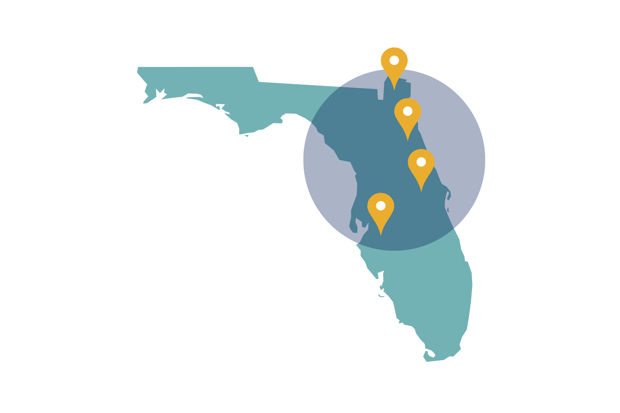 map of Florida with pins for Brooks location regions in Jacksonville, Daytona, Orlando and Tampa.