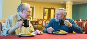 Two senior men enjoying coffee and lunch while talking