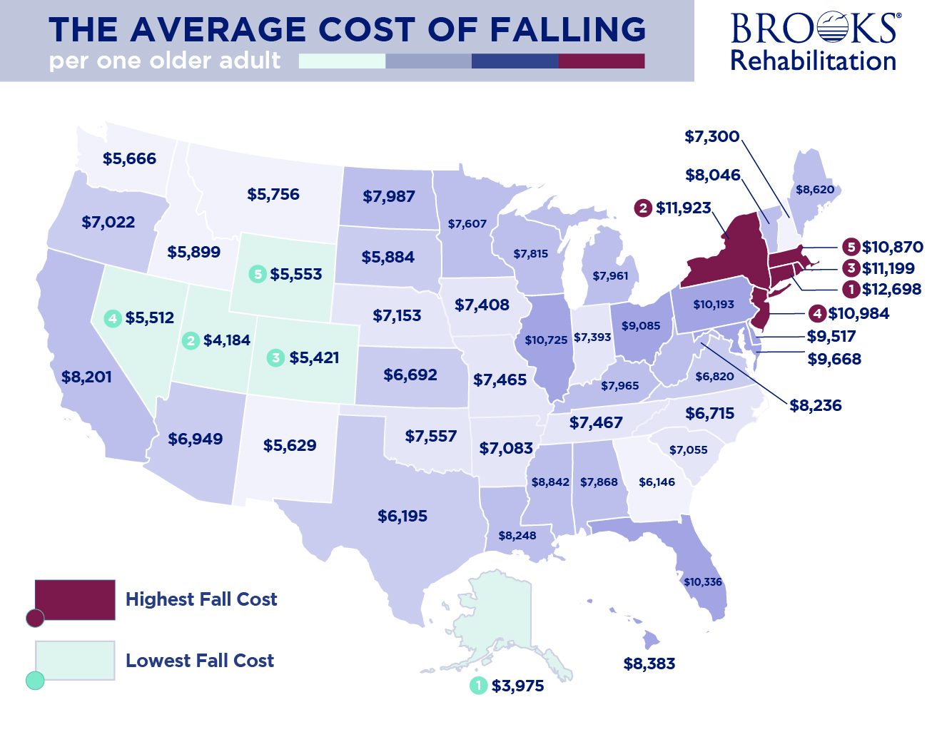 heatmap of the U.S. indicating the states with the highest average medical cost of falls to the lowest. 