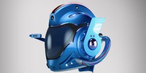 A blue helmet suspended in the air with a face shield antenna and camera.