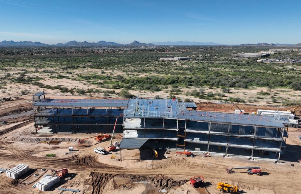 Front view of the construction progress of the Brooks Rehabilitation Hospital - Arizona.