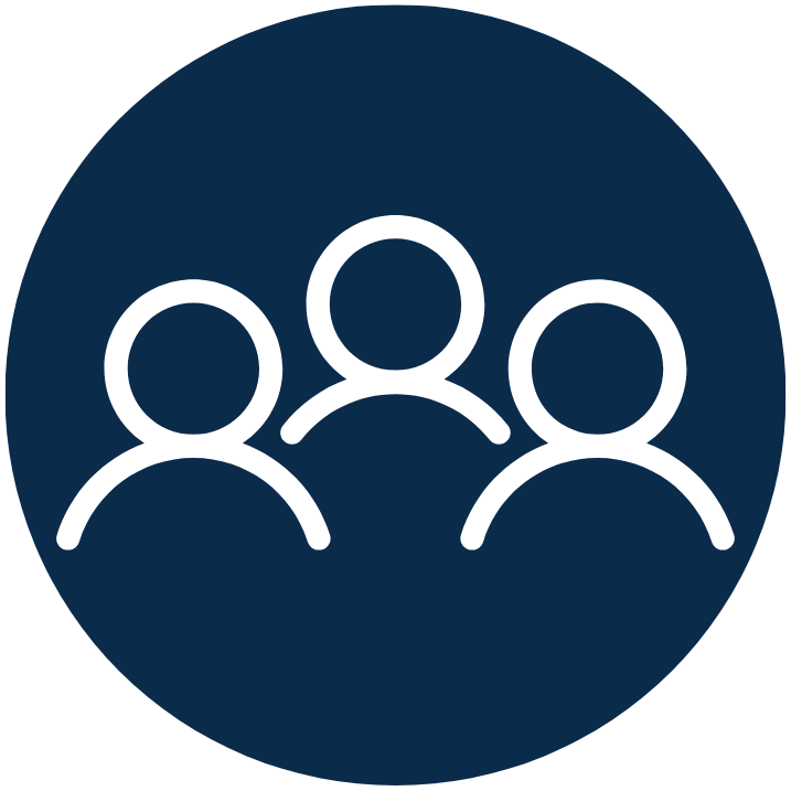 3 people outlines with blue circle background.